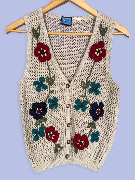 Jantzen Sweaters - Cottagecore Floral Crochet Knit Sweater Vest Beige Button Front Boho Grannycore